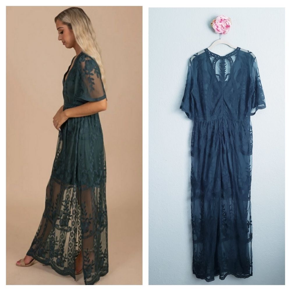 Teal Lace Embroidered Maxi Dress